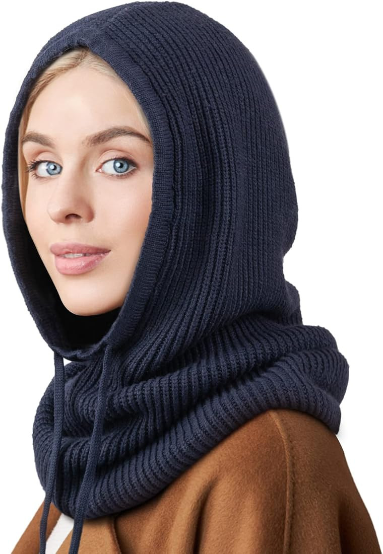 Hooded Scarf Hat Knit Balaclava Women Beanie Skull Cap with Drawstring Warm Winter Hats for Women... | Amazon (US)