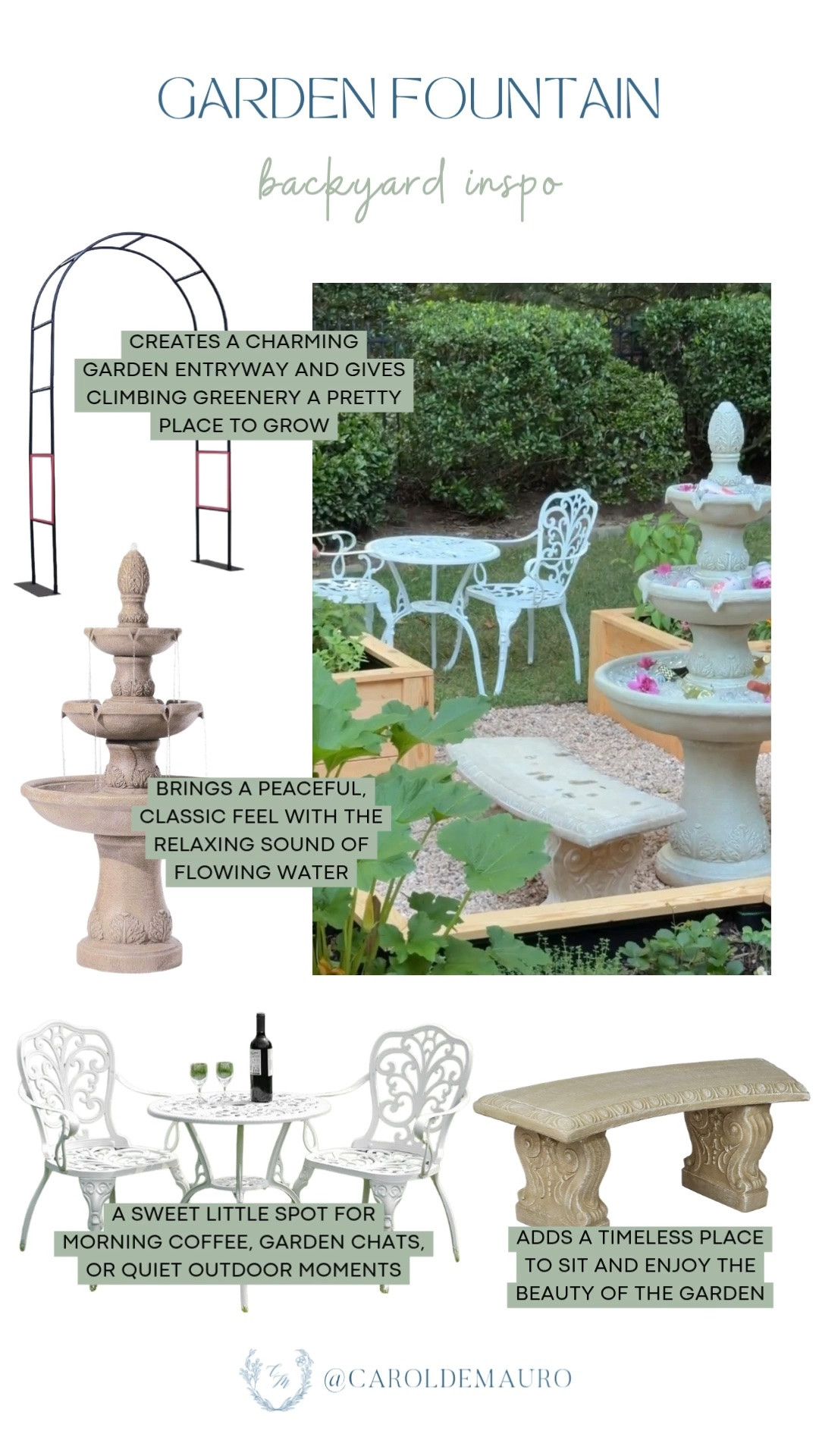 garden inspo, water fountain, backyard idea, arch trellis, garden seating, home inspo, diy home, outdoor living, classic look, vintage charm

#LTKHome