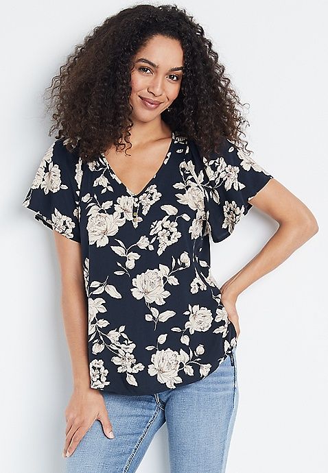 Black Floral Flutter Sleeve Button Front Top | Maurices