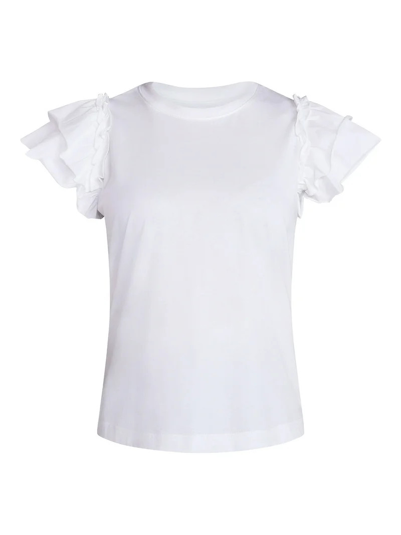 Time and Tru Women's Cotton Crewneck Tee with Ruffle Flutter Sleeves, Sizes XS-XXXL | Walmart (US)