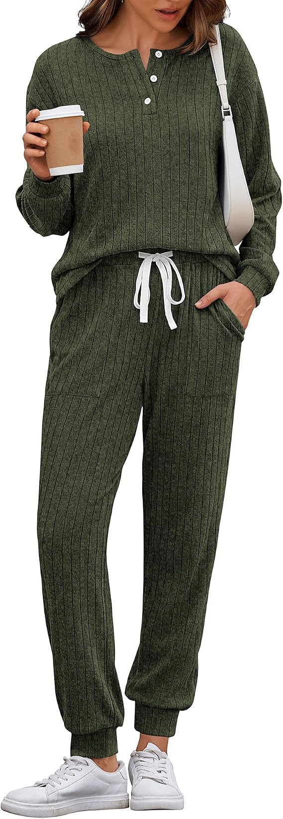 Ekouaer Womens Knit 2 Piece Lounge Sets Long Sleeve Top and Pants Outfits | Amazon (US)