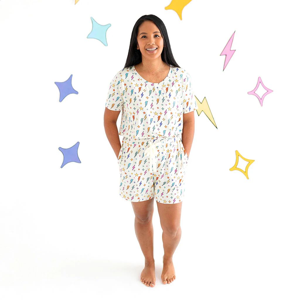 Lightning Bolt White Short Sleeve Women's Pajamas | Volt | Posh Peanut