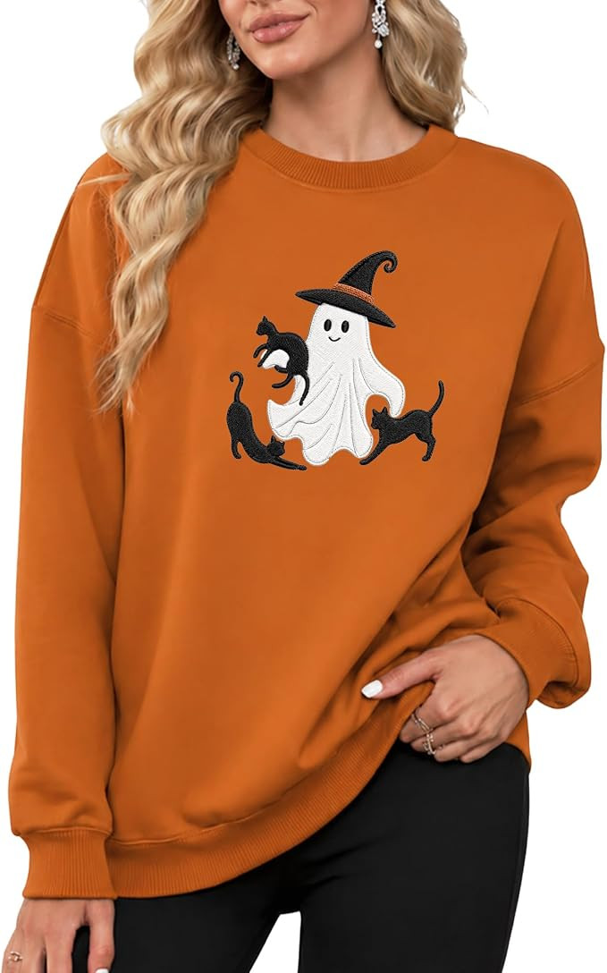 XLIEVO Halloween Sweatshirts for Women:Cute Ghost Cat Embroidered Shirt | Amazon (US)