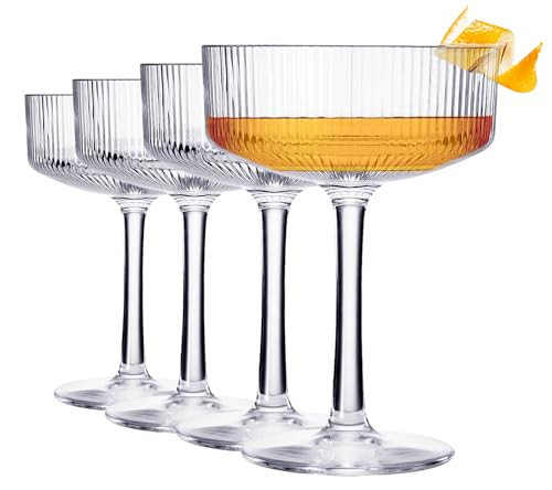 Vintage Art Deco Shatterproof Coupe Martini, Champagne & Cocktail Glasses | Set of 4 | Tritan Acrylic Ribbed Glasses 8 oz Ripple Glassware Classic Cocktail Glassware Indoor & Outdoor, European Design | Amazon (US)