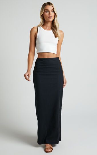 Vance Maxi Skirt - Linen Look Back Split Skirt in Black | Showpo (US, UK & Europe)