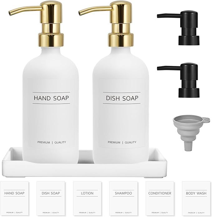 Hand and Dish Soap Dispenser Set, Kitchen Soap Dispenser Set with Tray, 2 Pack 16 Oz White Glass ... | Amazon (US)