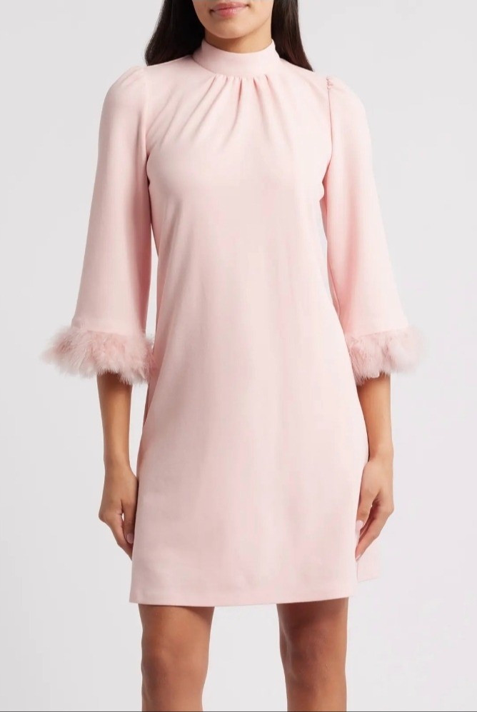 Pink feather trim for Petite women.The perfect winter holiday dress also for work or Valentine's day.Petite fashion.

#LTKPetite #LTKFindsUnder50