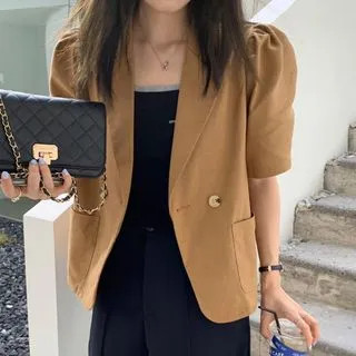 Elbow-Sleeve Double-Breasted Linen Blazer | YesStyle Global