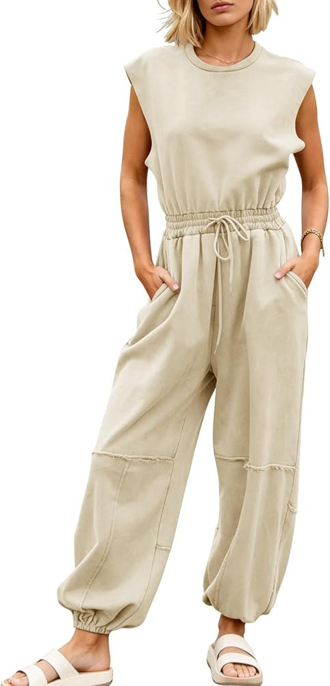 Kissonic Jumpsuits for Women Casual Crewneck Cap Sleeve Drawstring Romper One Piece Outfits with ... | Amazon (US)