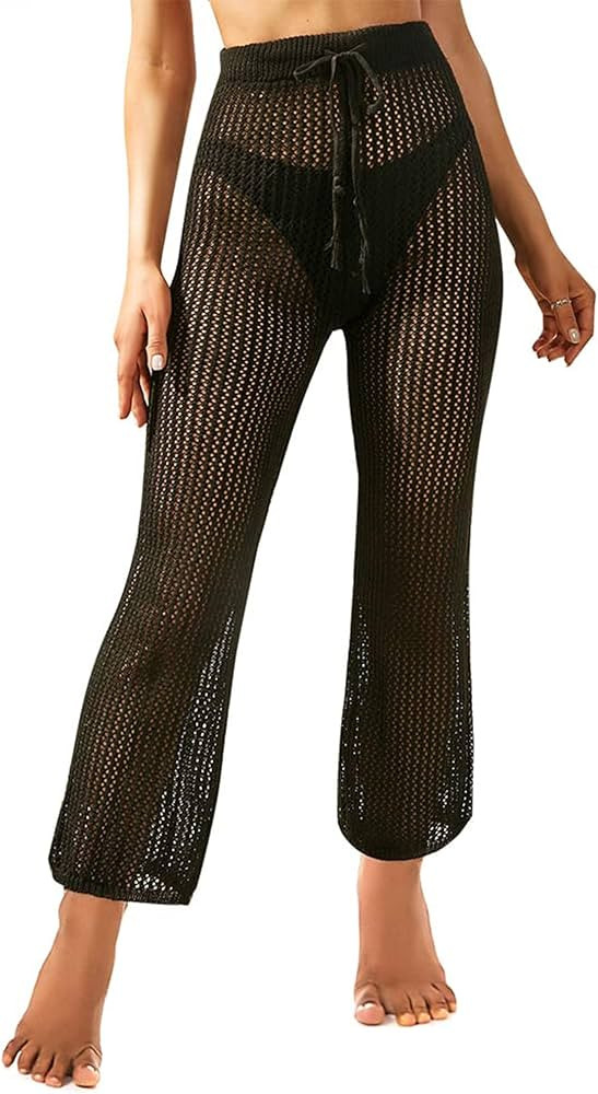 ZAFUL Women's Cover Up Pants for Swimwear Drawstring Crochet Hollow Out Straight Pants | Amazon (US)