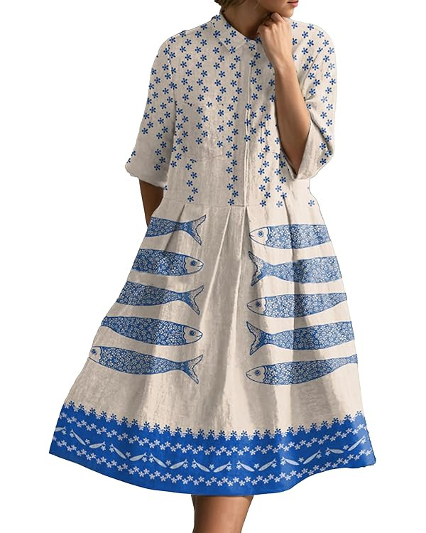 Women Boho Floral Print Pleated Linen Shirt Dress Short Sleeve Button A Line Swing Loose Summer C... | Amazon (US)