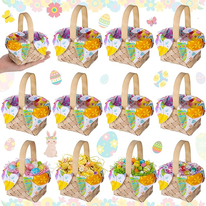 12 Pcs Easter Mini Woven Baskets with Handles Mini Bamboo Picnic Basket with Rabbit Easter Egg Na... | Amazon (US)