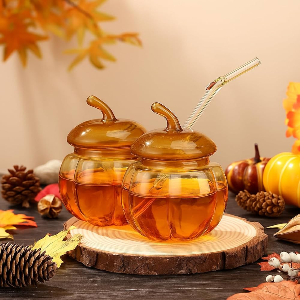 LemonRoad 2 Pcs Pumpkin Mugs with Lids and Straws, Fall Coffee Mugs Orange Fall Cup Drinking Glas... | Amazon (US)