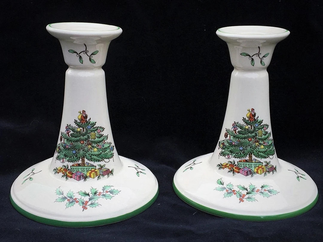 Set of 2 Spode Christmas Tree 5-1/2 Candlestick Holders With Green Trim in Excellent Seemingly-un... | Etsy (US)