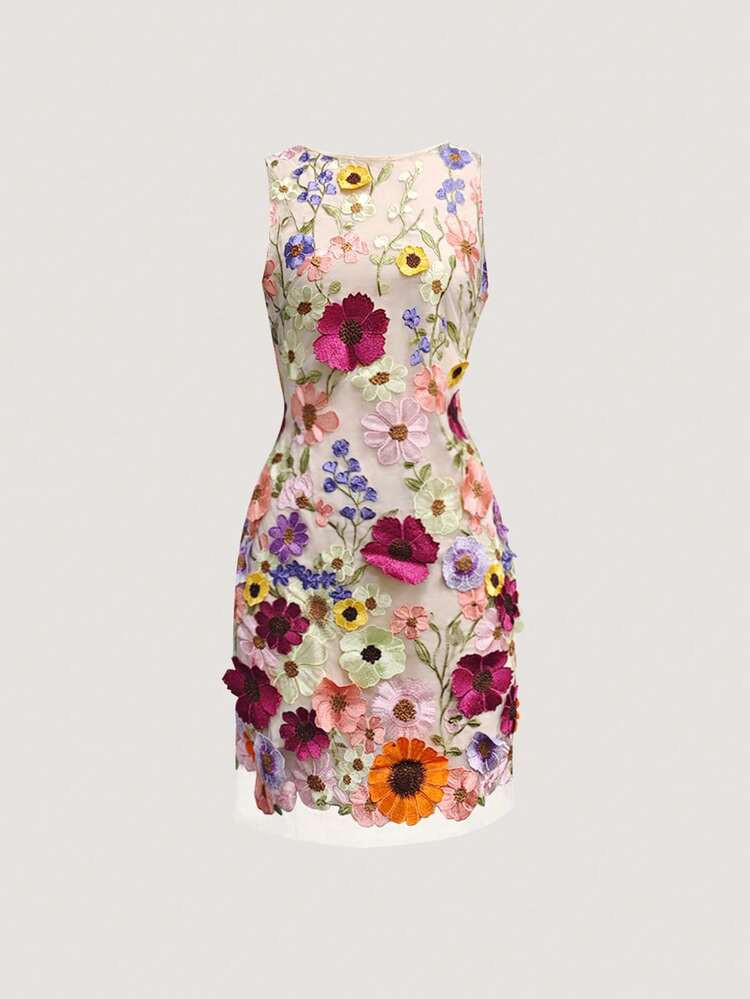LocalChiquease Ladies' Spring And Summer Solid Embroidered Sleeveless Slim Fit Short Dress, Featuring Colorful Floral Embroidery And A Simple Boat Neckline Design, Made Of Lightweight Chiffon Fabric, Suitable For Parties / Dates And Other Elegant Occasions. Product Features Include: Ladies' Elegant Floral Embroidered Dress, Sleeveless Slim Fit Dress, Colorful Three-Dimensional Floral Dress, Delicate Little Dress, Eye-Catching Dress For Daily Outings. | SHEIN