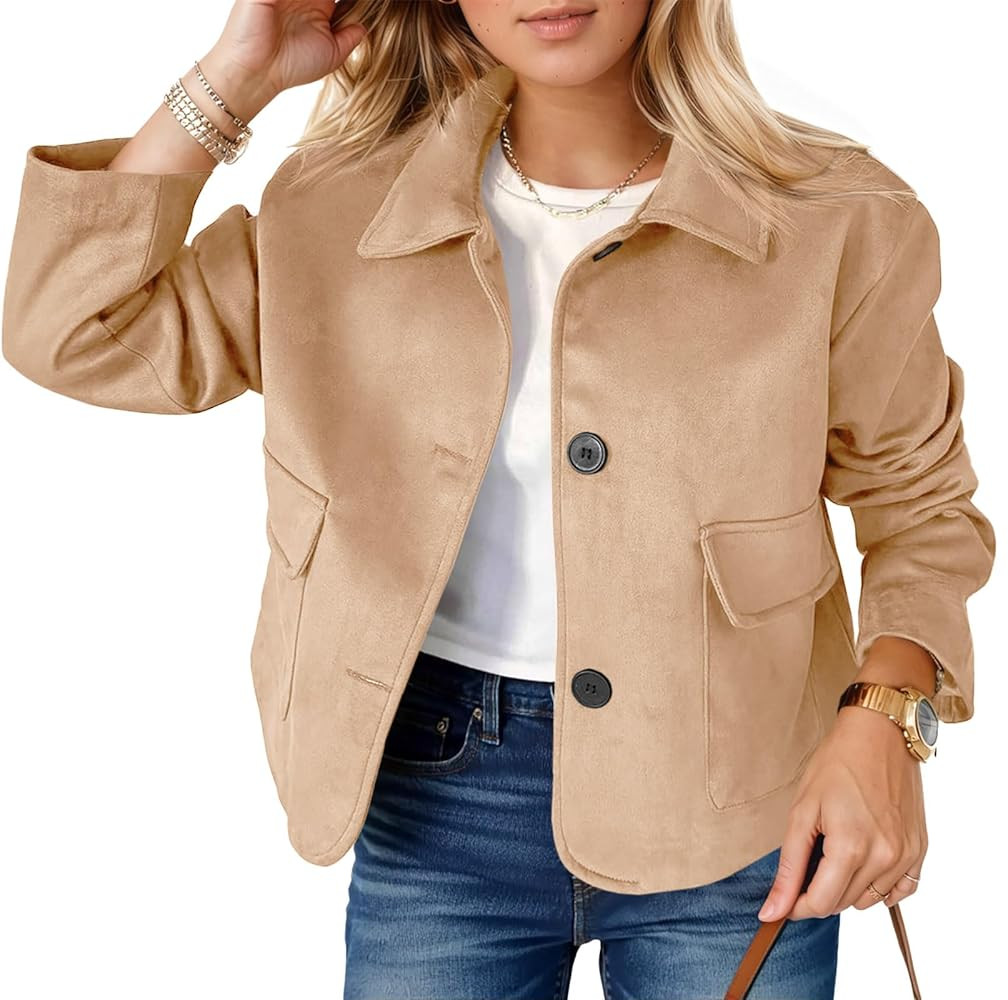 Tankaneo Womens Faux Suede Leather Jackets Casual Cropped Coats Vintage Button Down Shackets | Amazon (US)