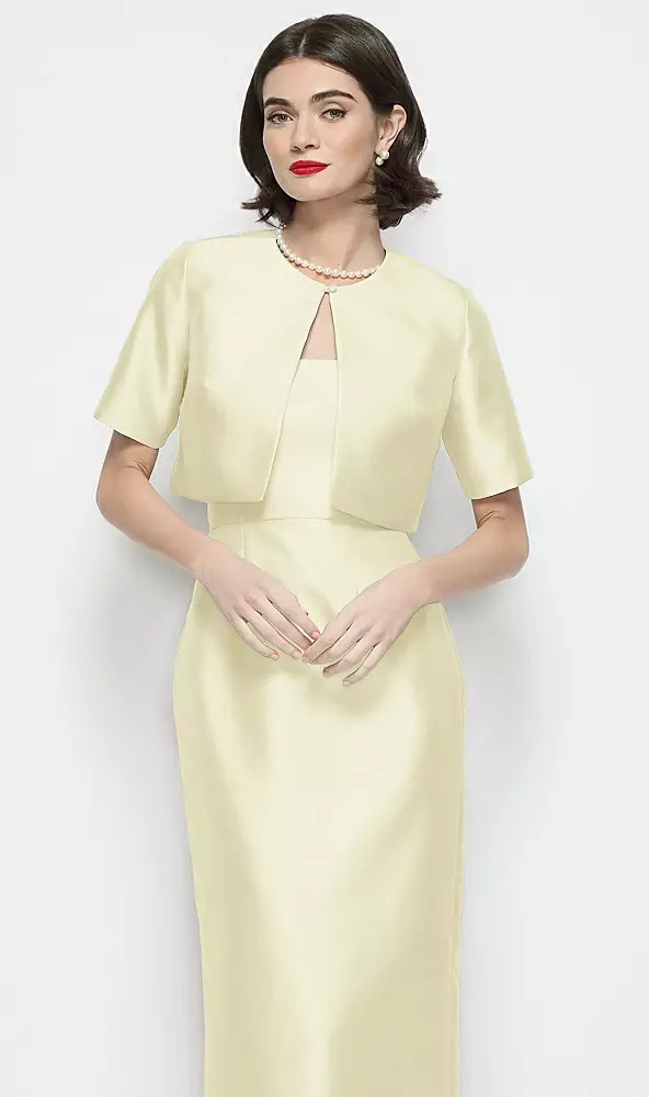 Jewel Neck Cropped Satin Jacket in Butter Yellow | Dessy Group