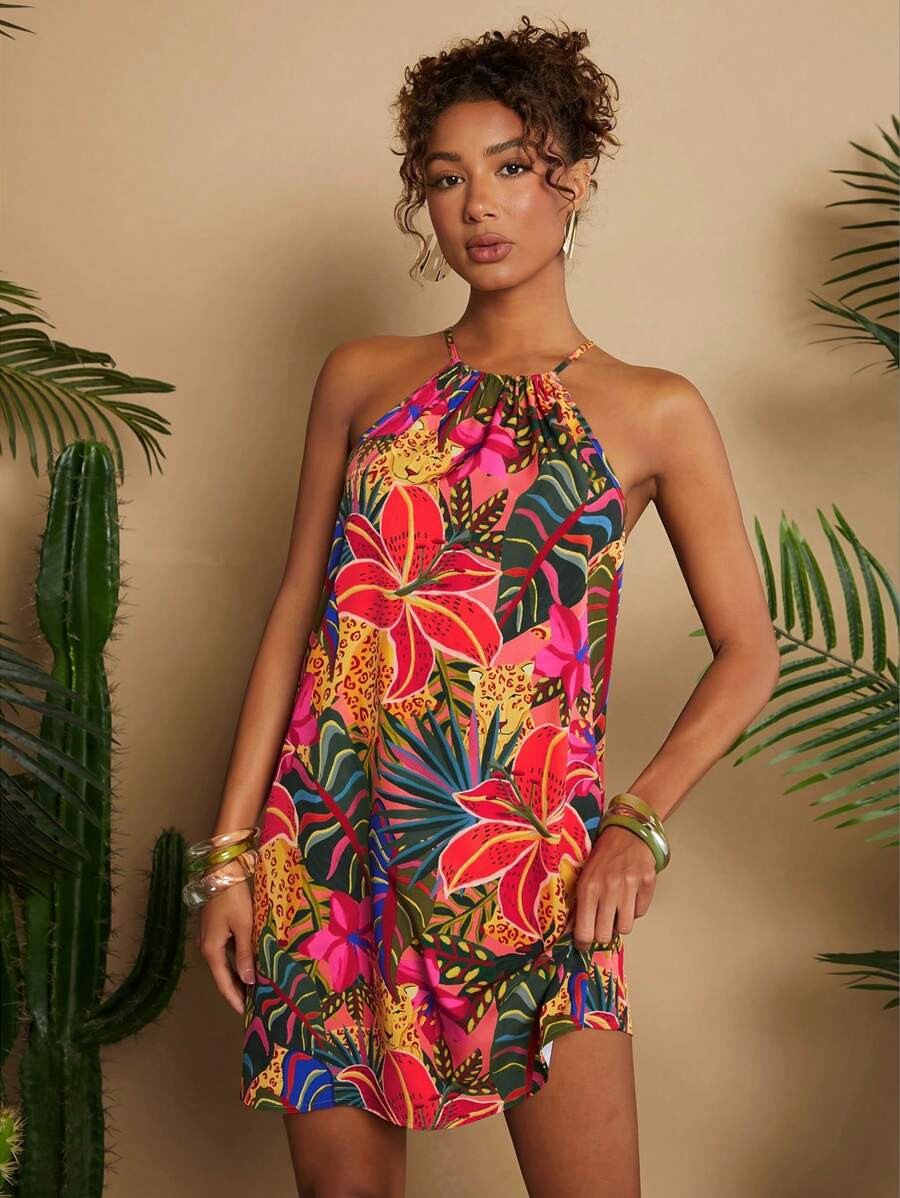 Travachic Vacation Open Shoulder Loose Printed Mini Dress For Women,Spring&Summer,Valentines Outf... | SHEIN