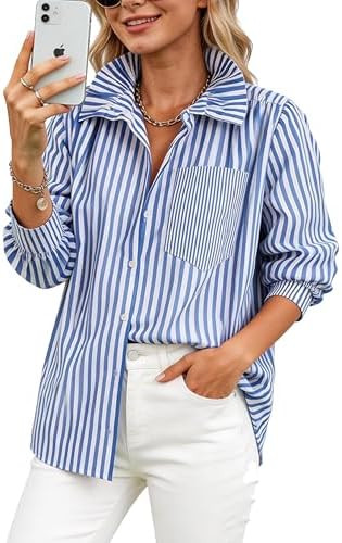 Megfie Womens Roll Up Shirt Button Down Shirt Ruffled Collar Casual Loose Blouses Tops Spring Fal... | Amazon (US)