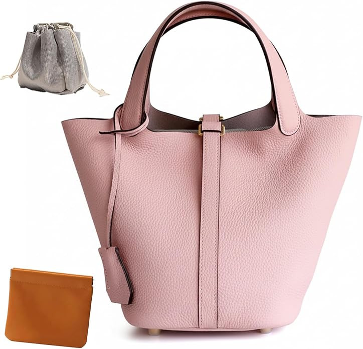 Genuine Leather Lock Design Bucket Bag Vegetable Basket, Fashionable and Versatile Satchel Handba... | Amazon (US)