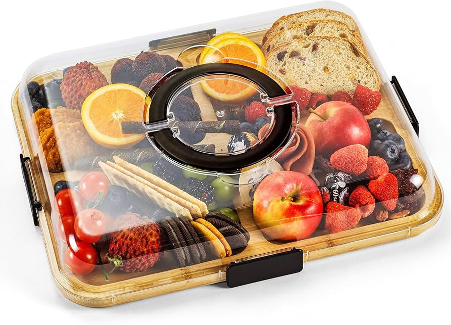 Charcuterie Board with Clear Lid, Portable 6-Compartment Cheese & Snack Tray, Reversible Bamboo C... | Amazon (US)