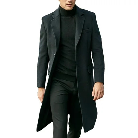Frontwalk Mens Casual Flap Pockets Decor Pea Coats Buttons Plain Trench Coat Men Long Sleeve Outdoor Overcoats Black 4XL | Walmart (US)