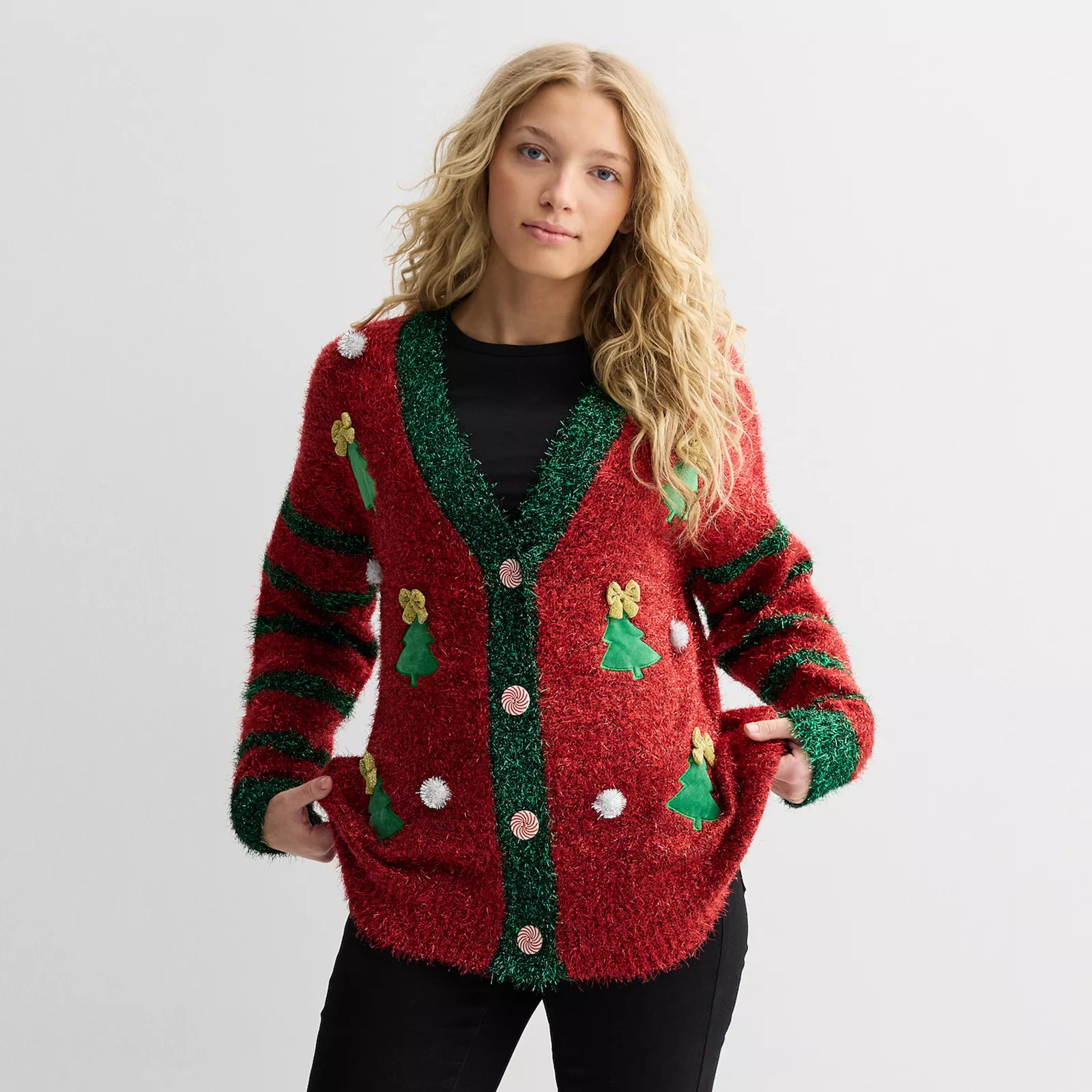 Women's Jollidays Long Sleeve Tinsel Button Front Holiday Cardigan | Kohl's