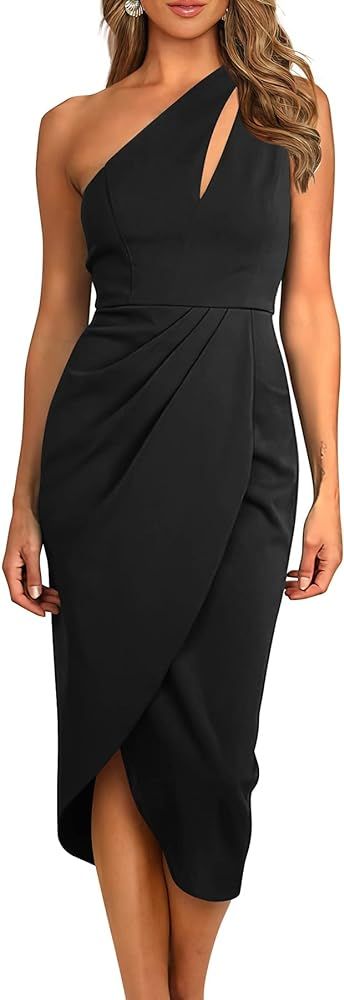 PRETTYGARDEN Women's One Shoulder Ruched Bodycon Cutout Slit Wrap Party Cocktail Midi Dress | Amazon (US)