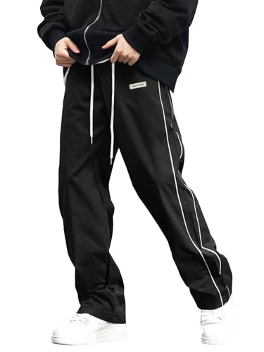 Verdusa Men's Track Pants Straight Leg Acitve Streetwear Elastic Waist Parachute Pants with Pockets Black X-Large | Amazon (US)