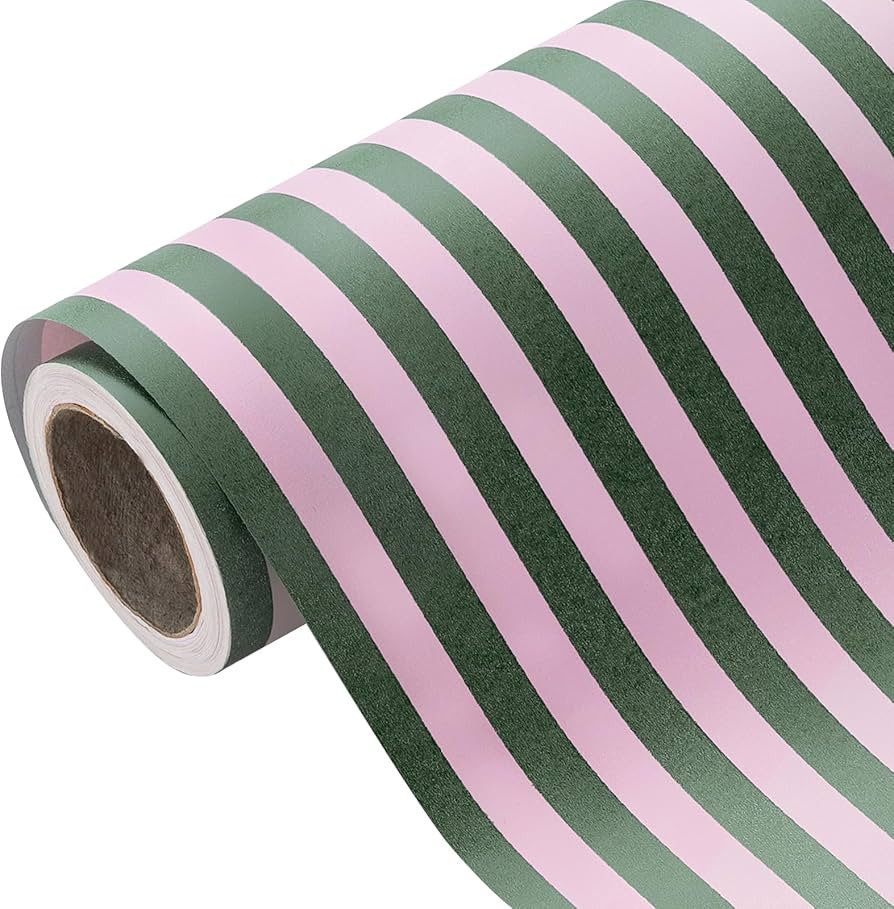WRAPAHOLIC Kraft Wrapping Paper - Mini Roll - 17 Inch x 33 Feet - Green and Pink Stripe Wrapping ... | Amazon (US)