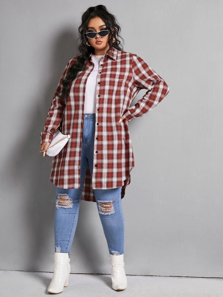 Plus Plaid High Low Hem Blouse | SHEIN