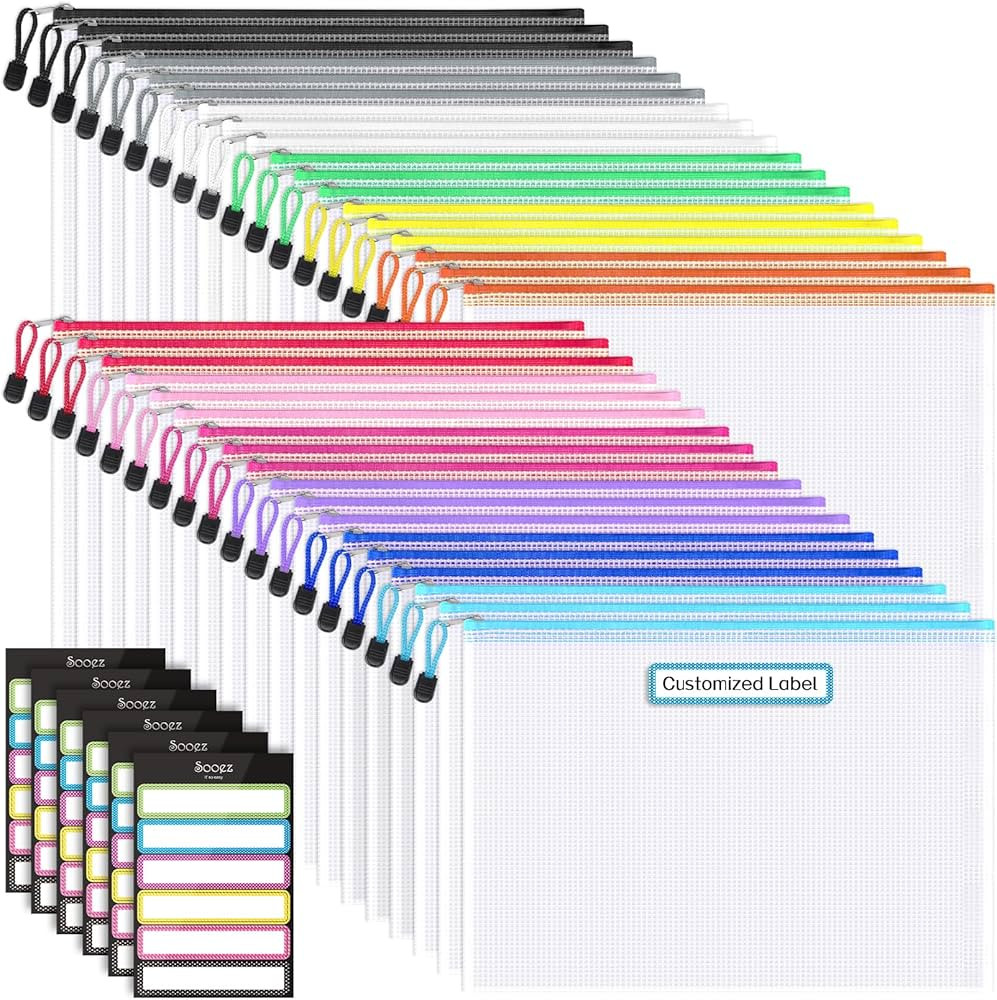 Sooez 36 Pack Mesh Zipper Pouch with Sticky Labels, A4 Size Mesh Bags for Board Game & Puzzles Or... | Amazon (US)