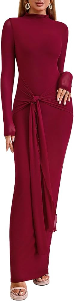 Women's Long Sleeve Bodycon Maxi Dress Mesh Tie Sexy Backless Fall Formal Wedding Guest Party Coc... | Amazon (US)