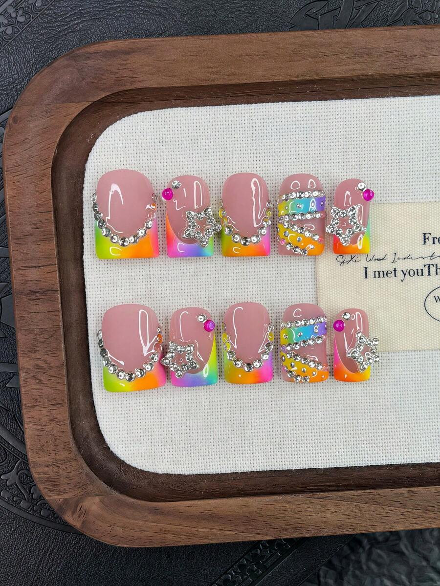 10pcs Y2K Style Square Nail Stickers Set - Handmade, Pink Nails, Colorful Nails, Green & Orange G... | SHEIN