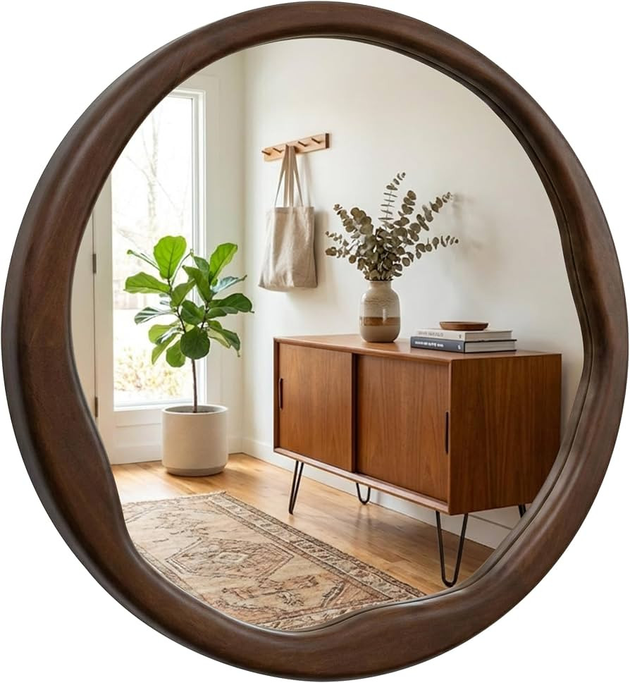 Round Dark Wood Mirror 30 Inch, Large Asymmetrical Wavy Frame Wall Mirror for Foyer, Fireplace, S... | Amazon (US)