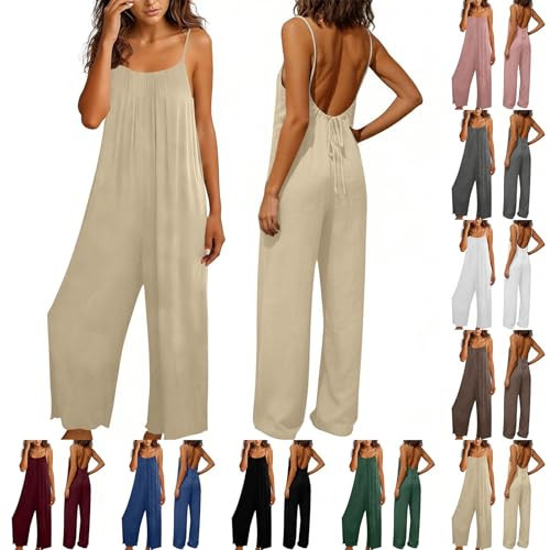 Womens Jumpsuits for Summer 2026 Spaghetti Strap Lightweight Backless Linen Wide Leg Jumpsuit One Piece Casual Sleeveless Jumpsuits with Pockets Gauze Low Back Oversized Overalls Loose Long Rompers | Amazon (US)
