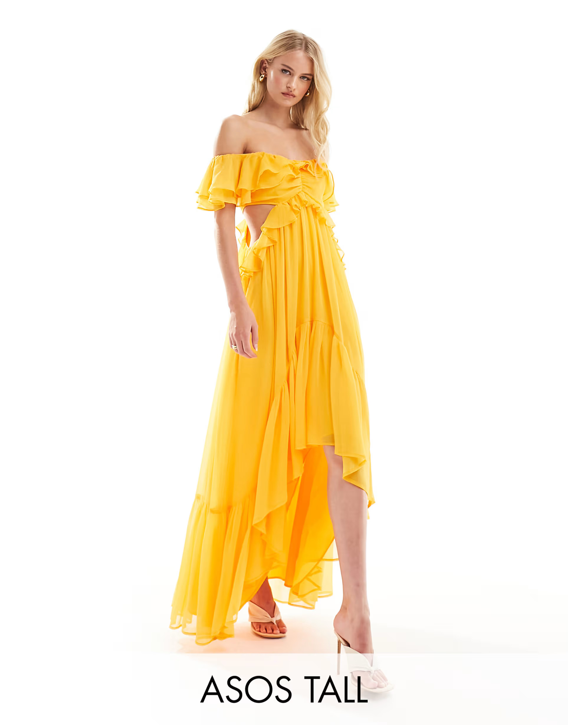 ASOS DESIGN Tall ruffle cut out off the shoulder maxi dress in bright orange | ASOS | ASOS (Global)