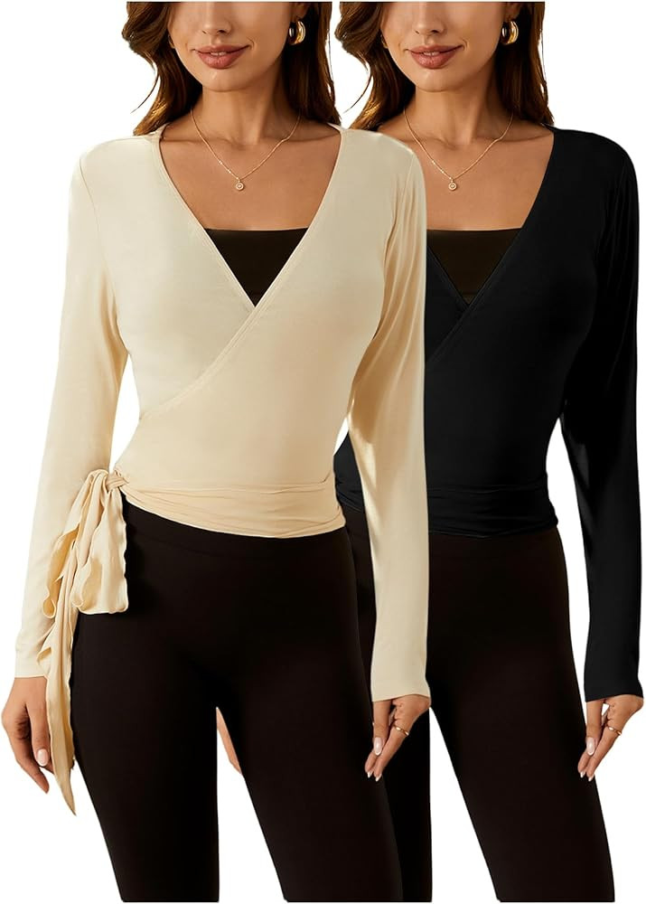 SweatyRocks Women's 2 Pack Yoga Shirts Wrap Ruched Tie Front Long Sleeve Workout T Shirts | Amazon (US)