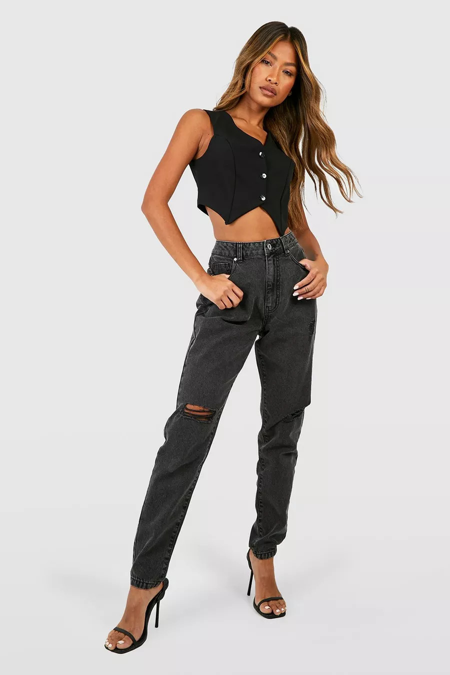 Basics High Waisted Ripped Mom Jeans | Boohoo.com (UK & IE)