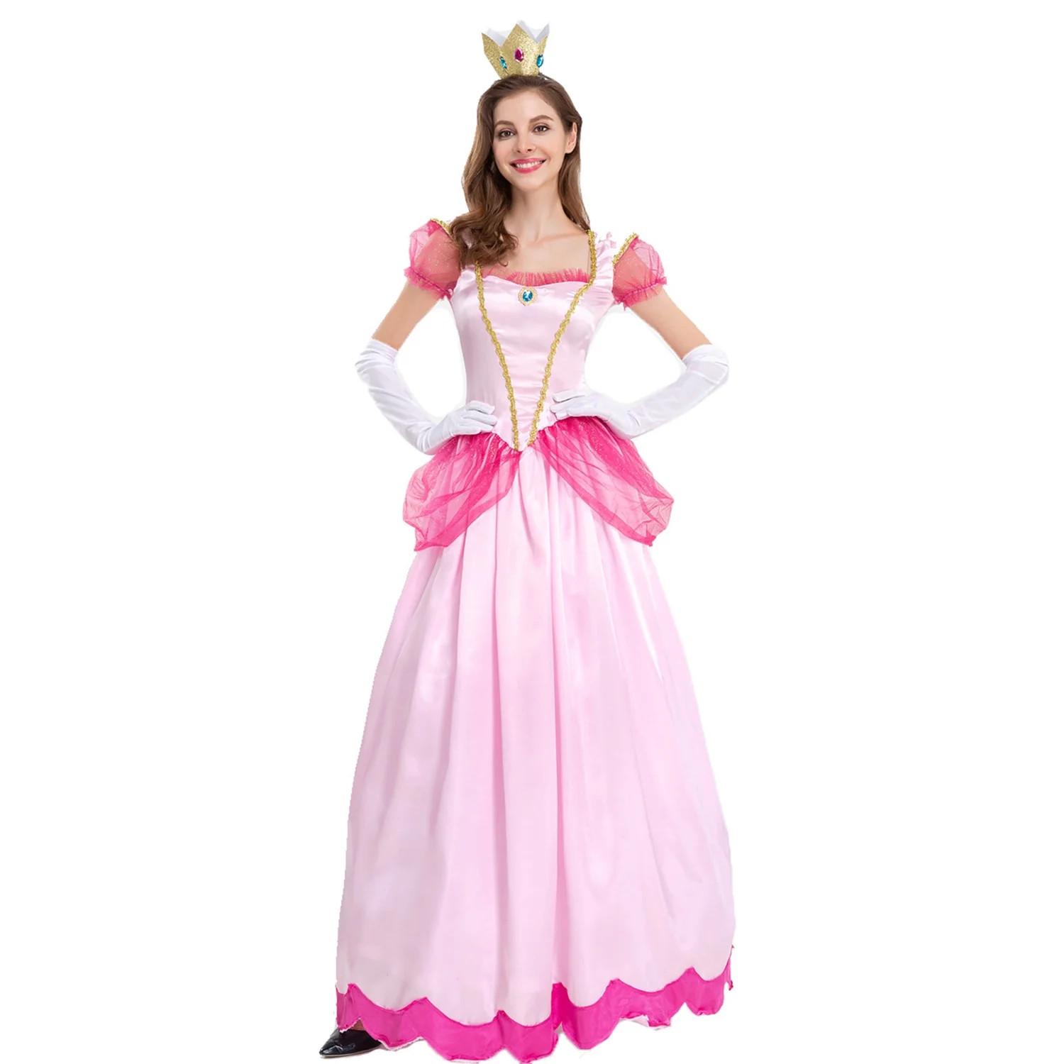 Women's 3 Pc Super Mario Princess Peach Adult with Satin Gown, White sleeve and Crown Headband | Walmart (US)
