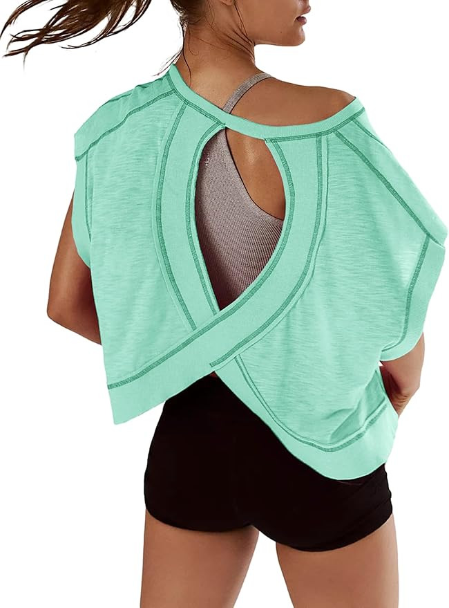Women Short Sleeve Workout Shirts Open Back Tops Casual Yoga Y2k Athletic Gym Slouchy Crop Runnin... | Amazon (US)