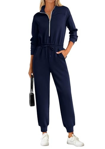PRETTYGARDEN Long Sleeve Jumpsuits for Women Casual 2025 Fall Fashion Zip Up Pant Rompers One Piece Sweatsuits Travel Outfits (Navy Blue,X-Large) | Amazon (US)