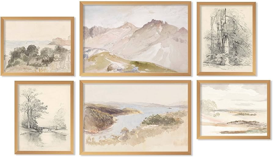 Ujoyful Vintage Neutral Landscape Trees Artwork | Set of 6 Scenery Pictures for Living Room Bedro... | Amazon (US)