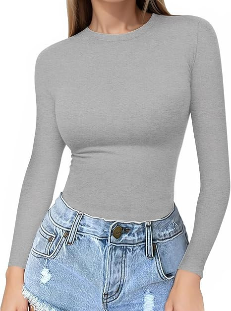 MANGOPOP Crew Neck Long Sleeve T Shirts for Women Fitted Shirts Tight Neck T Shirts Basic Tee Top... | Amazon (US)