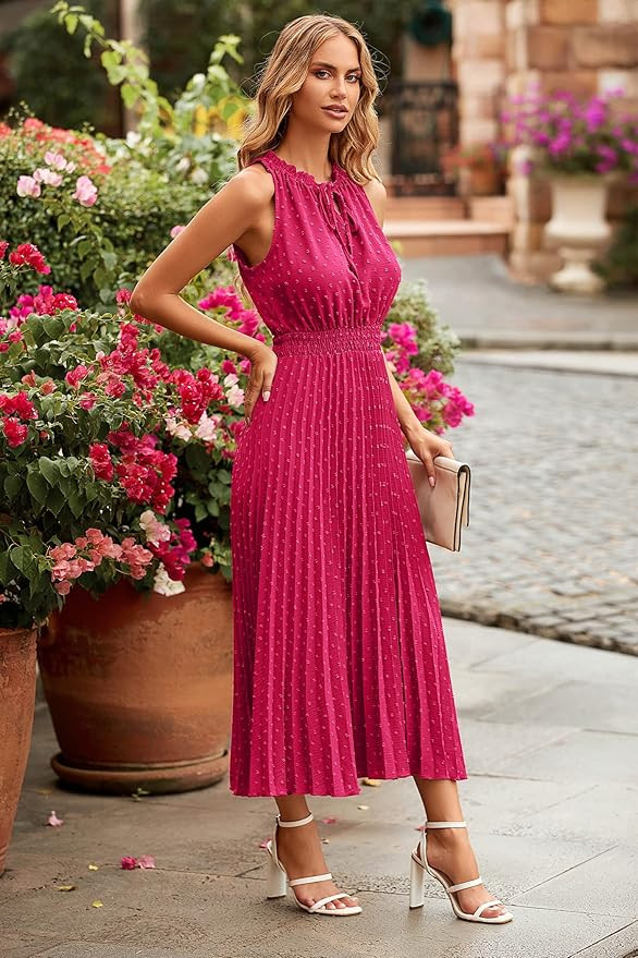 PRETTYGARDEN Women's Midi Summer Dresses Casual V Neck Swiss Dot Ruffle Sleeveless A Line Beach S... | Amazon (US)