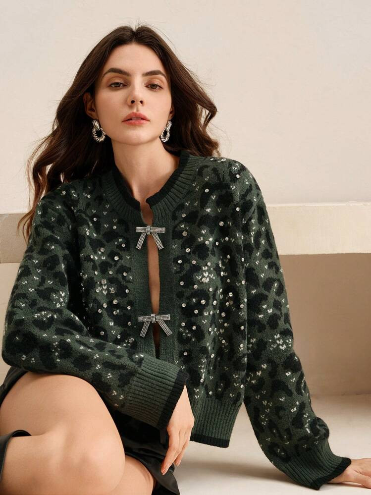 Anewsta Vintage Leopard Print Beaded Bow Knit Cardigan Women Jacket, Autumn/Winter | SHEIN