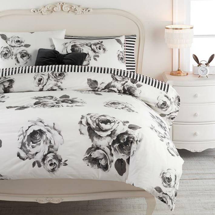 The Emily & Meritt Bed of Roses Duvet Cover & Sham - Black & White | Pottery Barn Teen