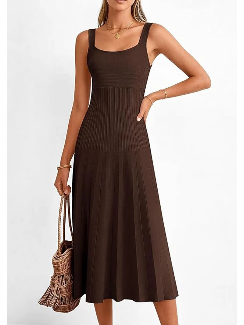 PRETTYGARDEN Spring Dresses for Women Summer Casual Sleeveless Square Neck A Line Knit Pleated Mi... | Walmart (US)