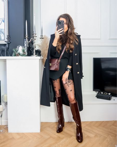 all black outfits, all black ootd, outfit inspo, outfit ideas, patterned tights, pattern tights, face pattern tights, winter dressy outfit, brown knee high boots, maroon knee high boots, brown cross body bag, maroon cross body bag, evening outfit idea, workwear chic 

#LTKstyletip #LTKeurope #LTKshoecrush