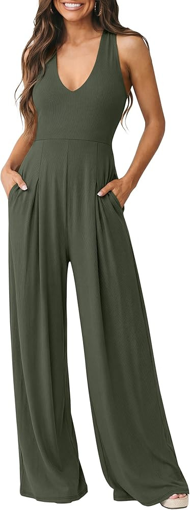 ANRABESS Jumpsuits for Women Summer Sleeveless Halter Wide Leg Deep V Flowy Rib Dressy Causal One... | Amazon (US)